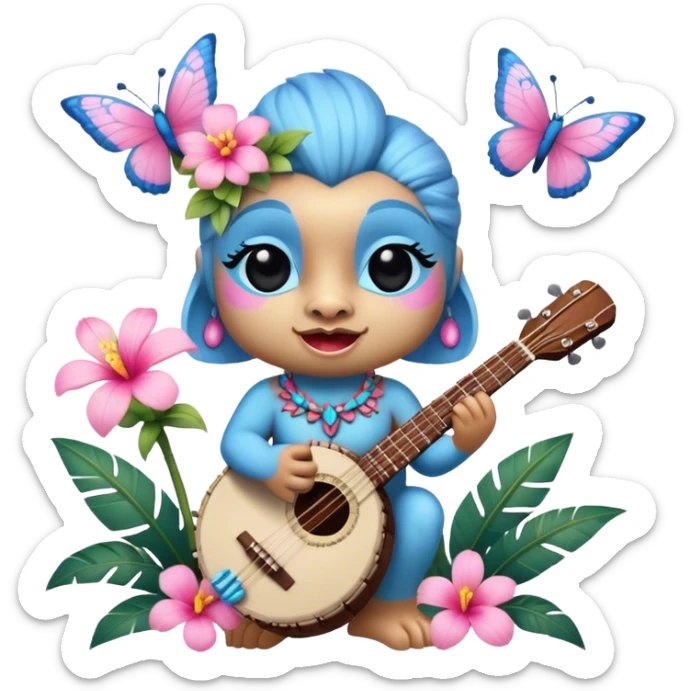 Pixar style little Blue and pink tiki singing with a butterfly, banjo, and tropical flowers, ultra detailed and lifelike imagery, realistic sticker