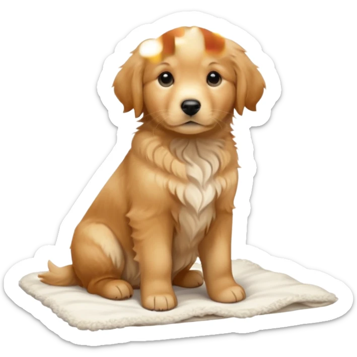 A Golden Retriever puppy standing peacefully on a soft blanket indoors. Cozy home environment, natural lighting, soft focus, adorable realism. sticker