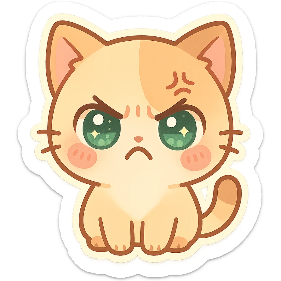 kawaii chibi-style cat emoji with pastel orange and brown cream fur, anime-style angry expression, sparkly green eyes, blushing cheeks, pastel color palette, soft rounded design, vector art sticker