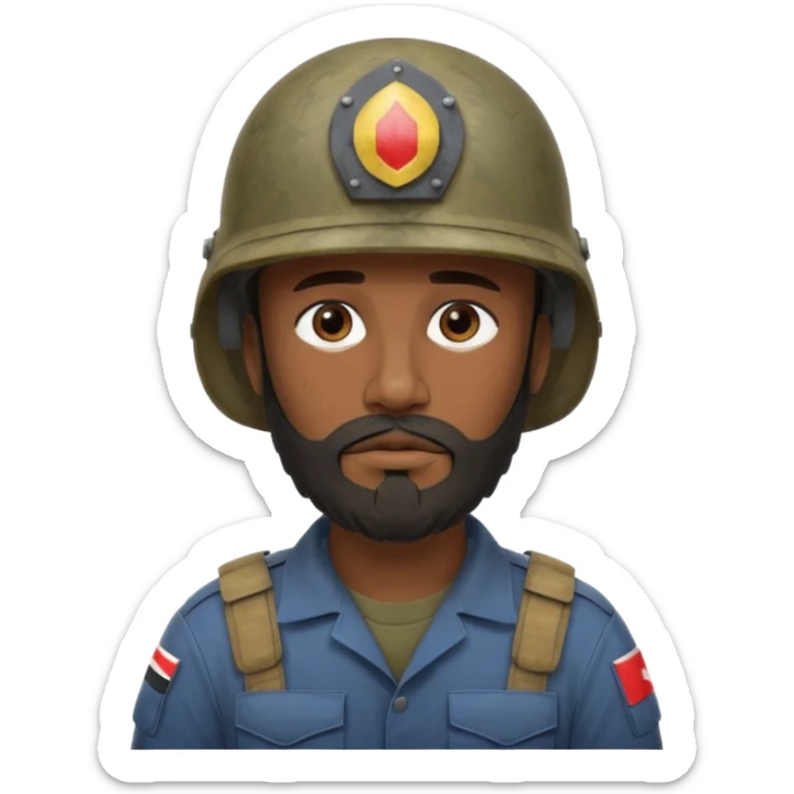 very tired, dark, Iraqi soldier in a helmet, helmet without insignia, with a beard sticker