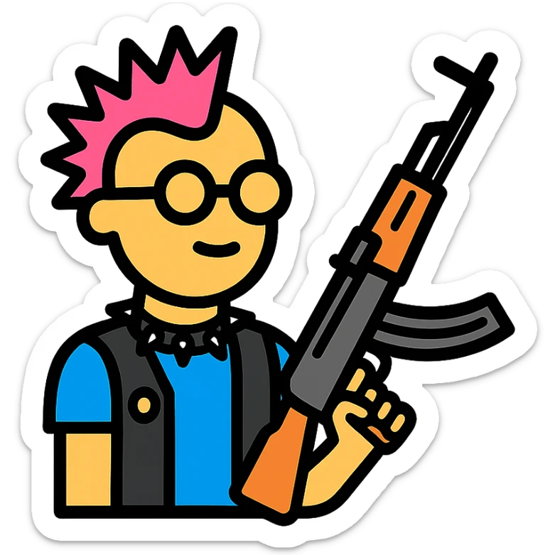 A punk guy with pink hair, wearing Harry Potter glasses, and holding an AK-47 sticker