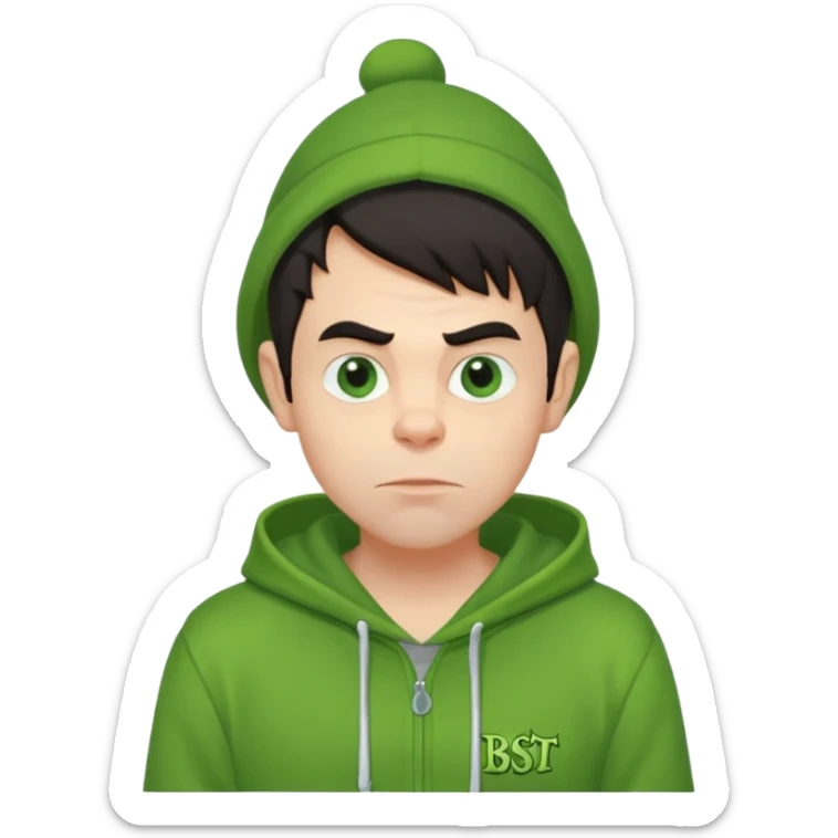 Create an avatar of white European with dark hair  male in hoodie with ``BST`` letters on it. Make background to look like from movie Grinch sticker