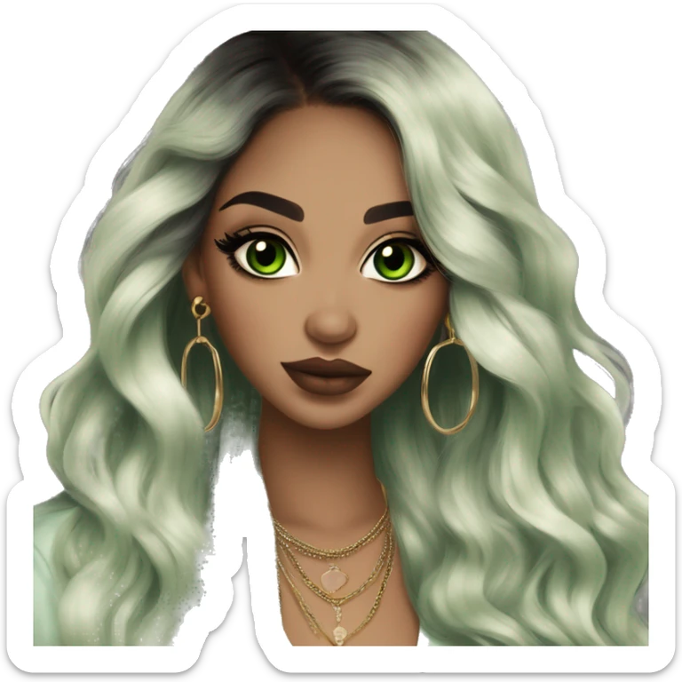 Glamorous, streetwear, black balayage hair, long wavy hair, olive skin, green almond eyes, winged eyeliner with big lashes, wearing hooped earrings, rings and bracelets, almond fake nails sticker