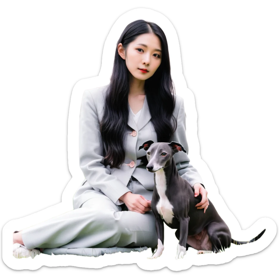 A very beautiful and attractive 25-year-old Chinese woman with long flowing black hair and a pure solid dark grey Italian Greyhound with ABSOLUTELY NO white markings anywhere on its body sitting under a cherry blossom tree. The dog must be completely solid dark grey with no white on chest, no white on muzzle, no white on paws - entirely one solid dark grey color. sticker