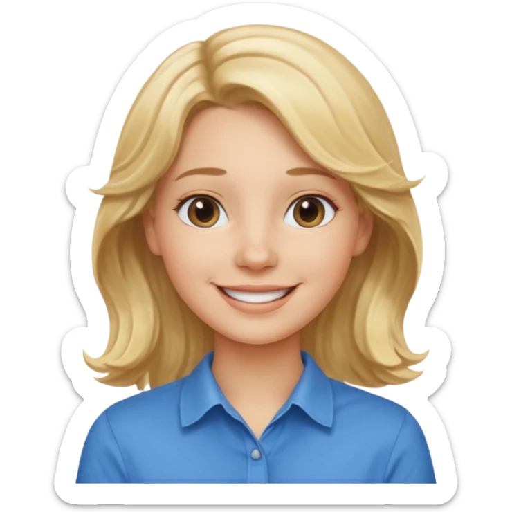 Happy blond girl with light weavy hair with a blue shirt but we can see only her face and neck and the top of the t shirt, no whole body sticker