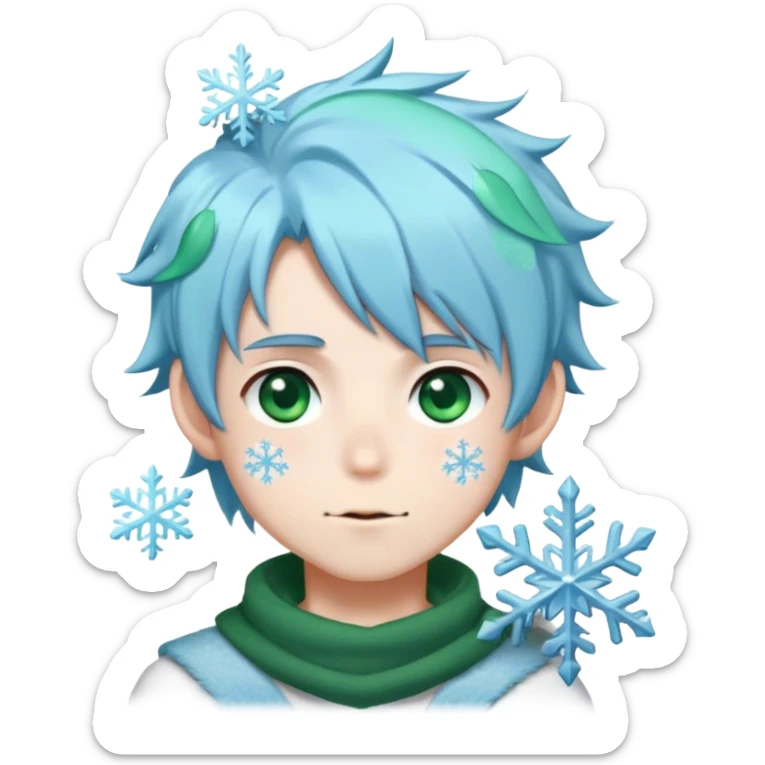 Anime boy with light blue hairs, green eyes, a mole on the right side of the mouth and with a snowflake on the hair  sticker