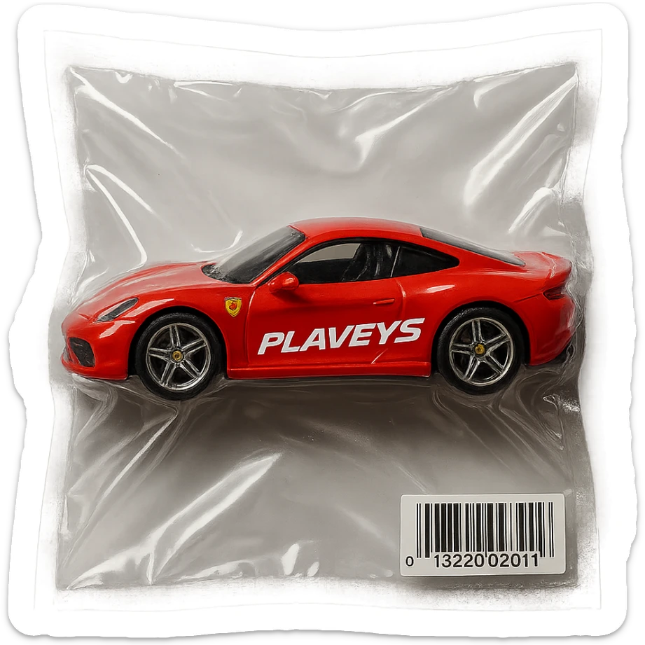 red Ferrari Hot Wheels car in packaging, 'PLAVLEYS' in italic racing font on the side, glossy and puffy vacuum-sealed style sticker