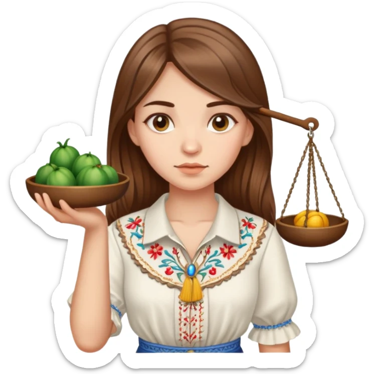 A Ukrainian girl with brown hair in an embroidered shirt holds the scales of truth in her hand sticker