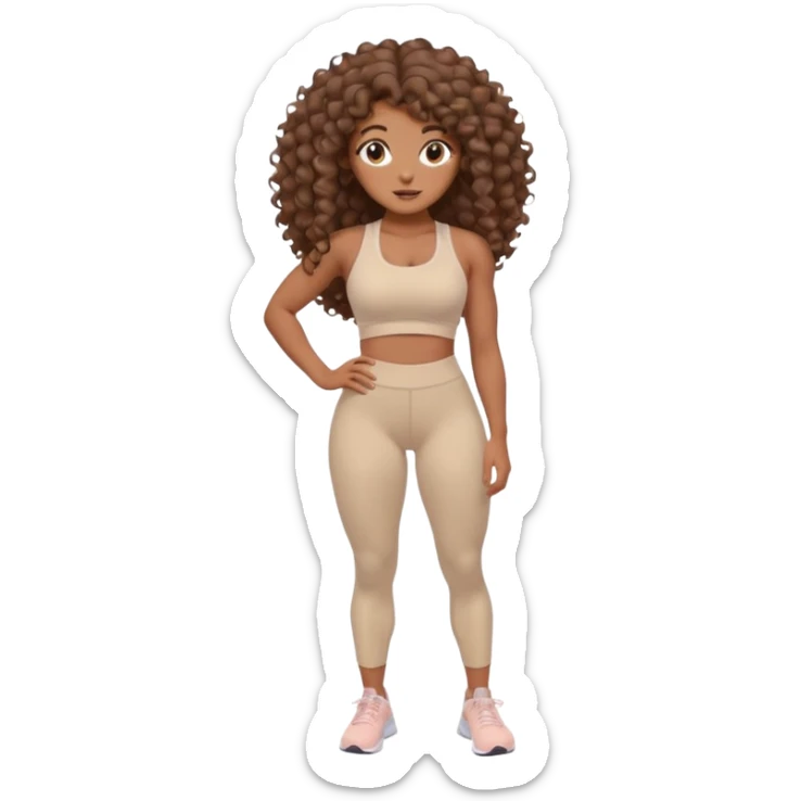 Create dream body girl with big glute and small waist and brown curly long hair with pastel beige gym clothes  sticker