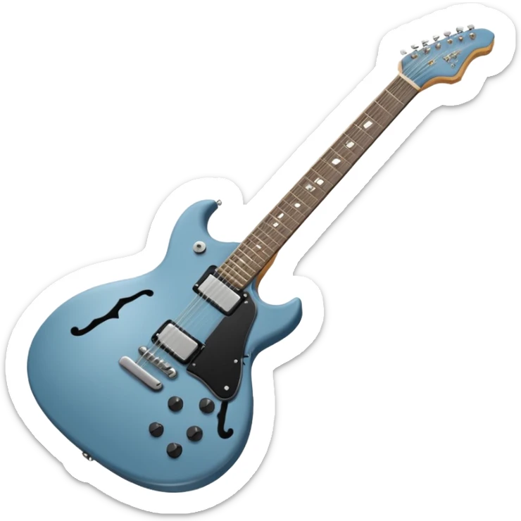 A gray-blue electric guitar with a black pick guard and only one volume knob, make the head tan sticker