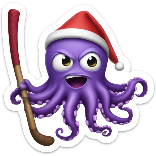 angry purple octopus, holding a brown hockey stick, and wearing a red santa hat  sticker