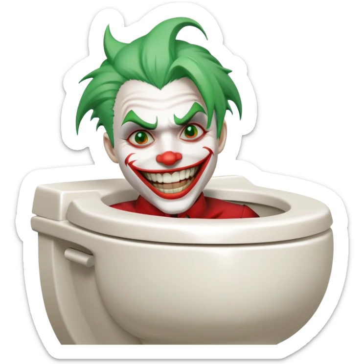 Joker character on toilet laughing hysterically, green hair, white face, red smile sticker