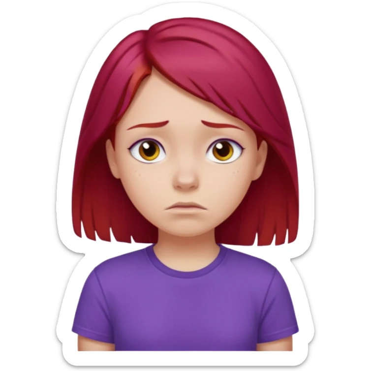 Young girl with red hair, wearing a purple T-shirt, with a sad face. sticker