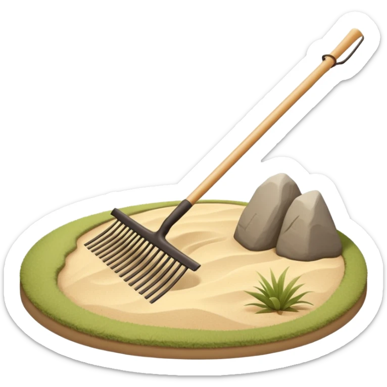 Minimalist emoji of a traditional Japanese zen garden rake (kumade) thin and balanced lines, natural light wood texture, soft sand-beige and warm neutral tones, flat vector style with subtle depth, centered composition, transparent background sticker