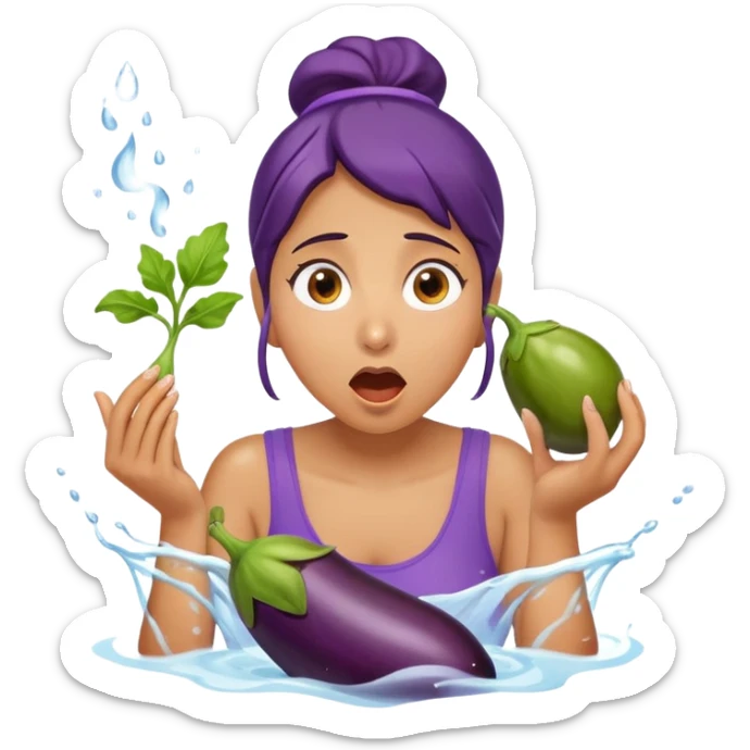 surprised woman eating an eggplant, eggplant squirting a stream of water, expressive face sticker