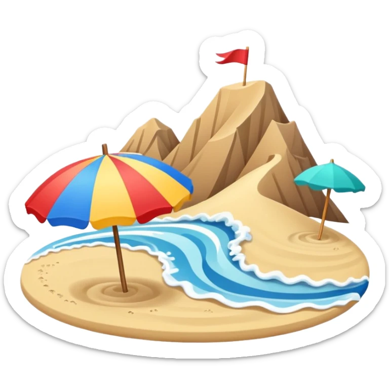 compact emoji sandy beach, colorful parasol, curling wave, small eco-hab, distant mountains sticker
