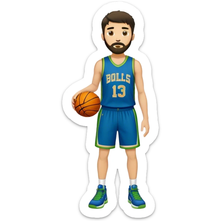 Full Body  white male basketball player with short dark shaggy hair and gold tee beard wearing blue and green uniform sticker