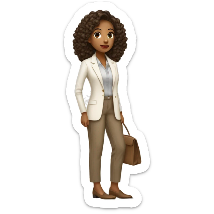 Arquitecto mujer piel blanca, cabello rizado café vestida con un traje sastre contemporáneo y moderno color beige y mocasines contemporáneos  sticker