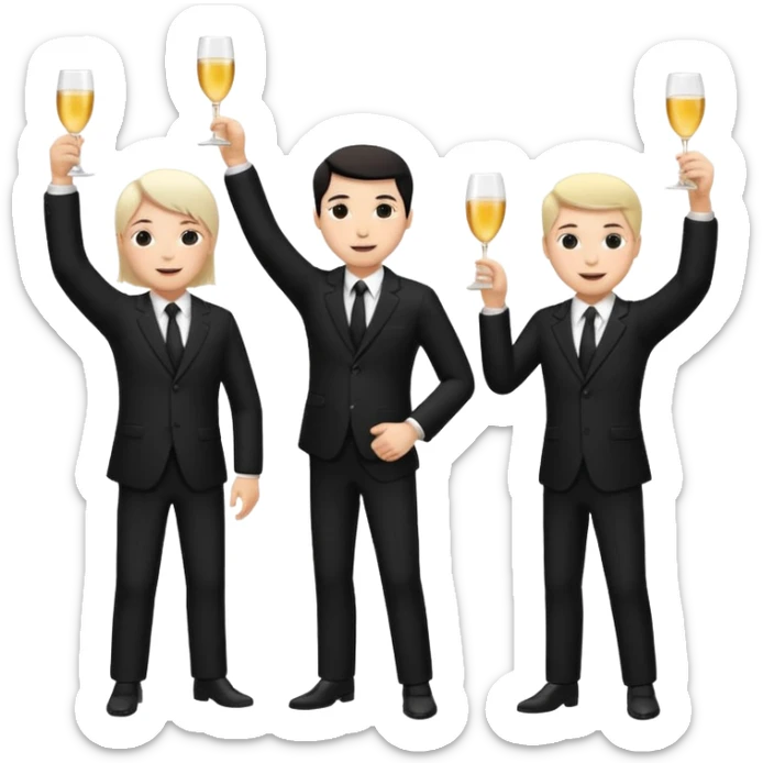 Un equipo de venta con trajes negros, personas blancas solo 3 celebrando un logro con un brindis. El fondo negro totalmente  sticker