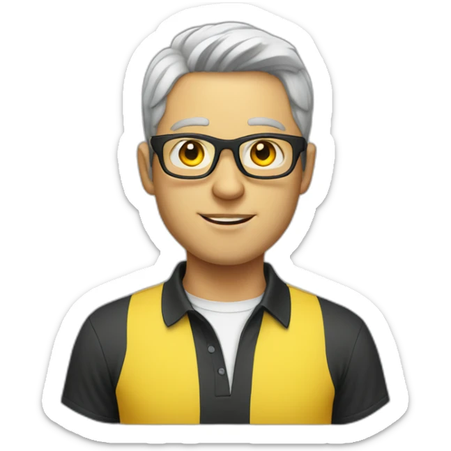 White man with yellow tinted glasses and black hair in a polo shirt sticker
