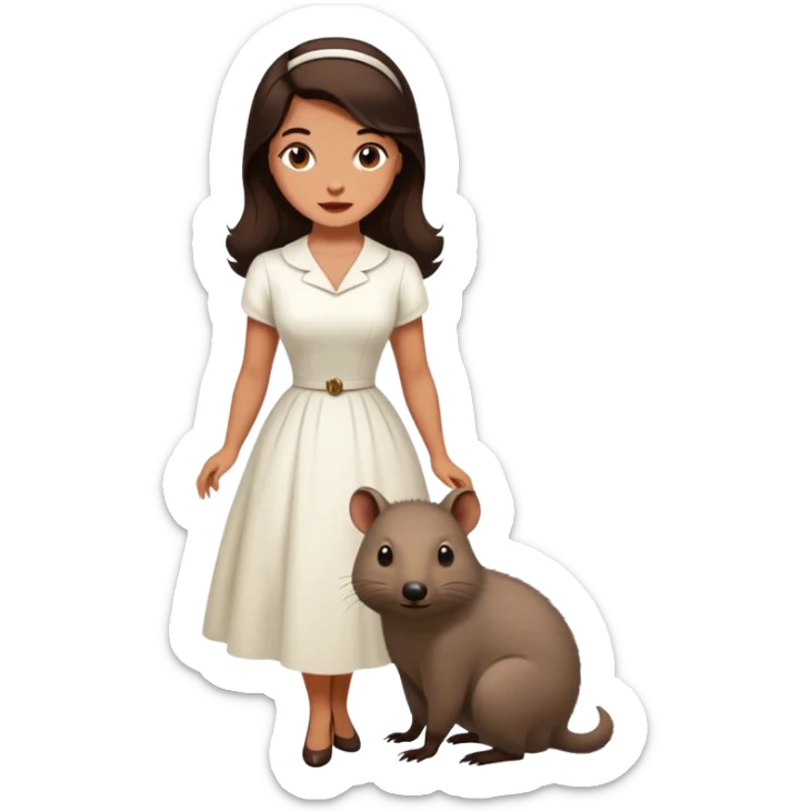 Beautiful woman in 1950’s woman fashion look, white dress, long dark brown hair, wombat sticker