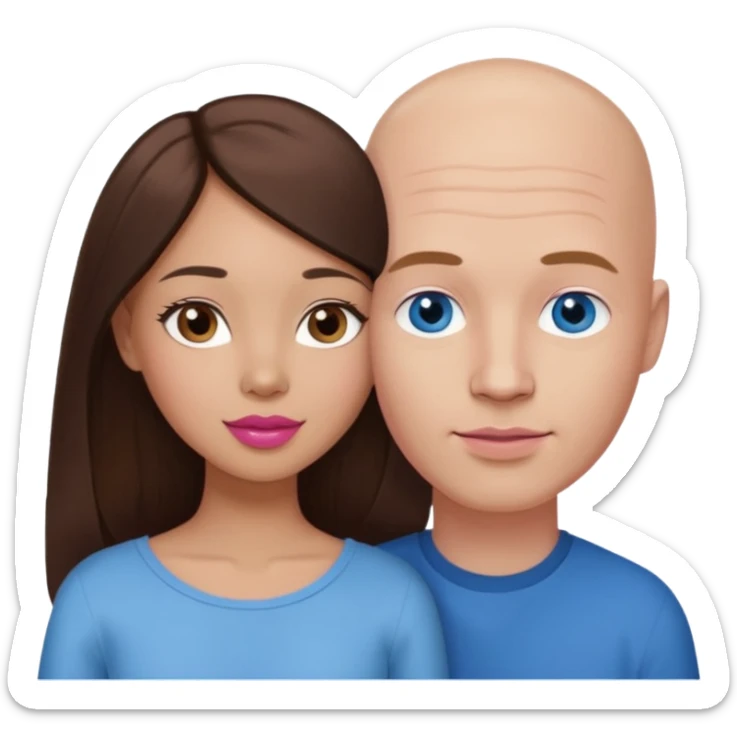 Bald white man blue eyes in love with Filipina woman with long hair dark brown eyes and pink lips sticker