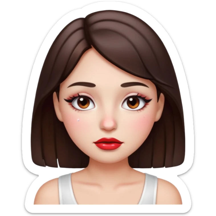 “Emoji brunette girl white top, dewy skin, heavy blush across cheeks and nose bridge, glossy cherry lips, soft eyeliner, teary sparkling eyes like hanni from new jeans sticker