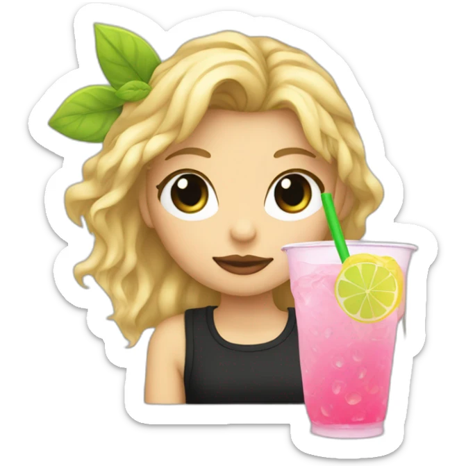 blonde girl straw drinking pink lemonade with one green lemon in the cup, with black watch black tshirt sticker