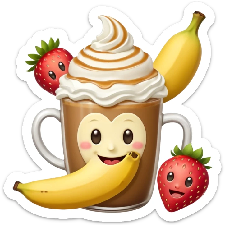 Coffee with caramel, whipped cream, one big  pealed banana sticking out of it with two strawberry’s sticking out of the base of the banana with whipped cream and caramel on the tip of the banana in a happy face on the glass with a wink sticker