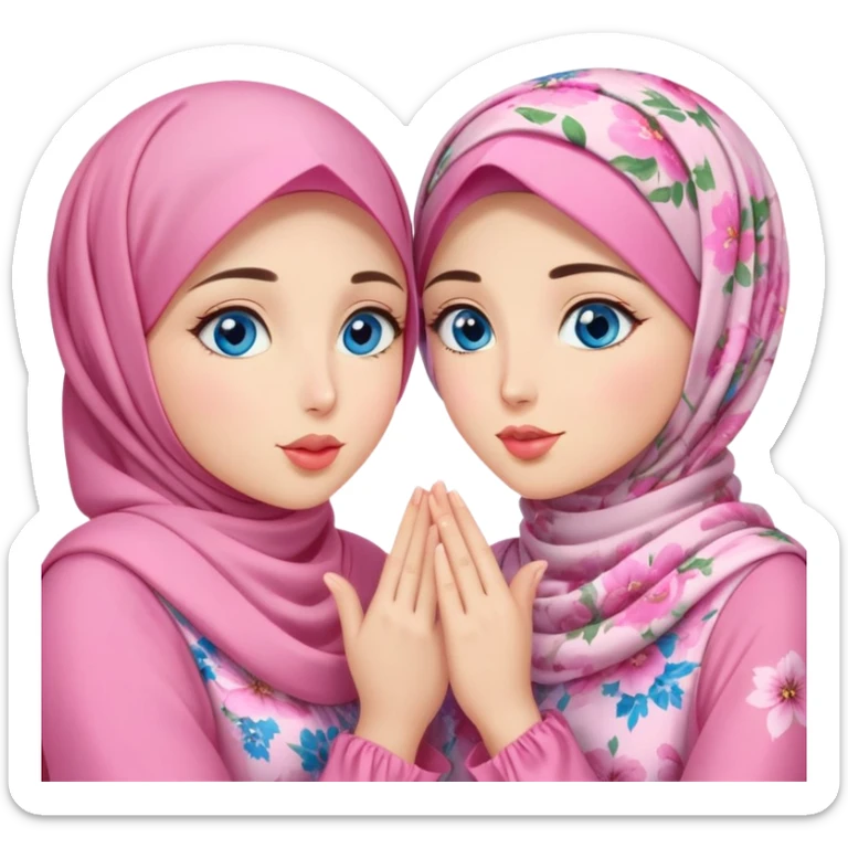 Two best friends Turkish girls beautiful finish Konya blue eyes with pink floral hijab and dress and Scattering kisses outside  sticker