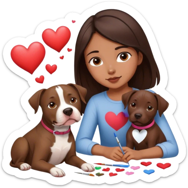 A 20 year old young girl with the dark brown hair sitting with her medium to dark brown dog, which is part maybe pitbull sitting beside of her while she paints him lovingly with hearts flying all around because she’s beautiful and she loves her dog sticker