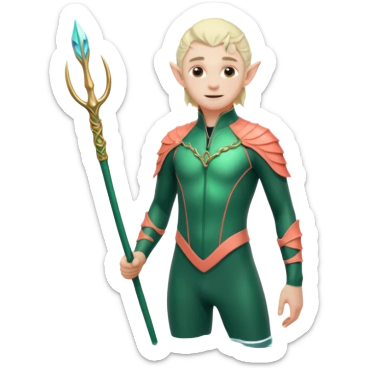 male elf in iridescent wetsuit, coral staff Gills on neck legolas sticker