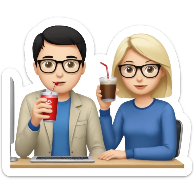 Hombre blanco con gafas, pelo negro tomando un refresco frente a un ordenador con ropa de sport, en la pantalla del ordenador una mujer rubia tomando café sticker
