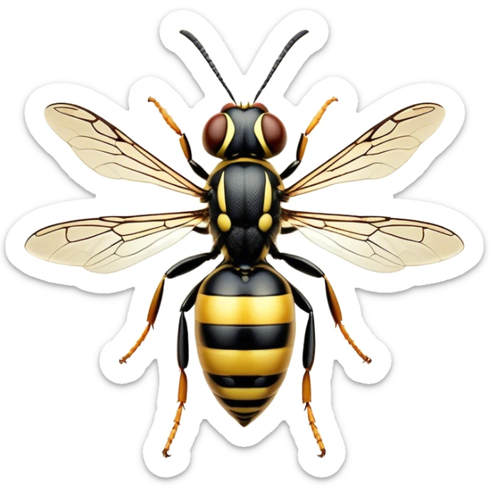 Beautiful and Majestic Wasp Portrait Emoji, Head and body rendered in serene repose with a gentle, confident smile, showcasing a refined, streamlined form with delicately patterned stripes and softly closed, focused eyes, Simplified yet exquisitely endearing features, highly detailed, glowing with a soft, drowsy radiance, high shine, relaxed and utterly noble, stylized with an air of regal insect elegance, soft glowing outline, capturing the essence of a beautiful and majestic wasp that embodies the refined power of nature! sticker