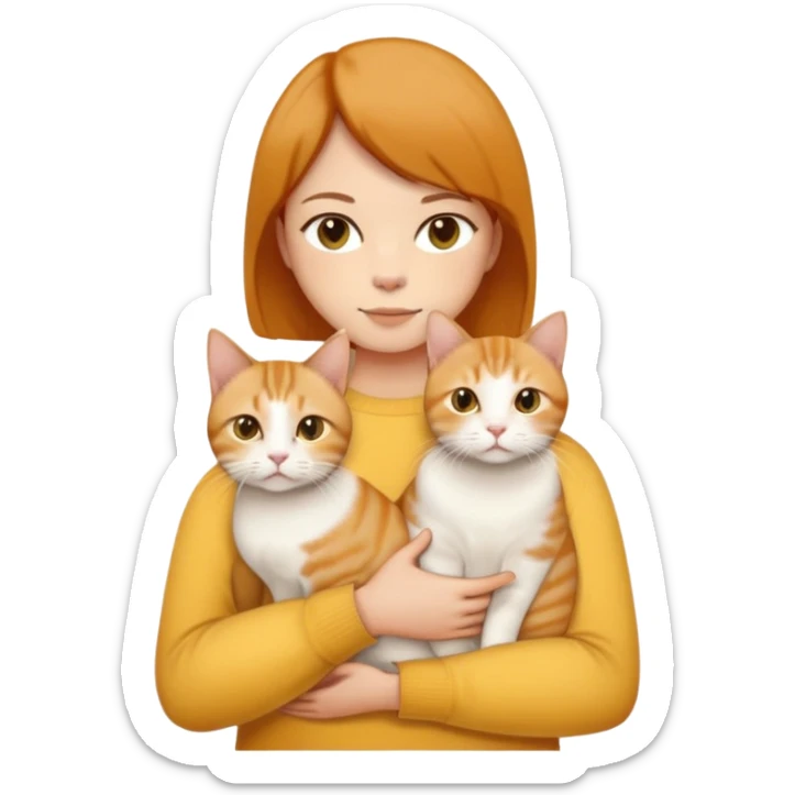 Straight short hair ear length in dark brown , skin tone honey . holding one ginger cat , one yellow white cat , one cream color cat British short hair same size  sticker