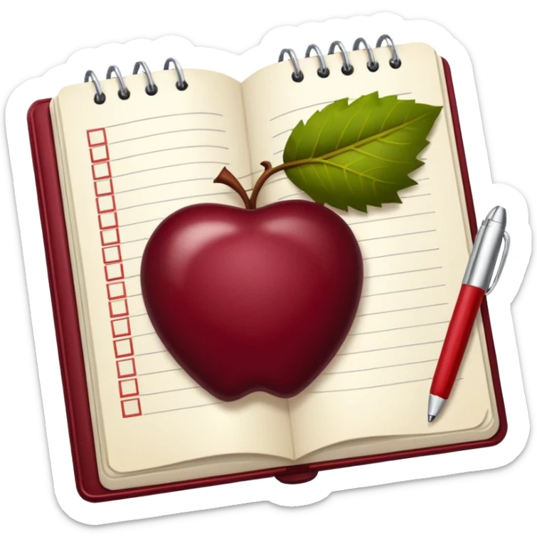 HAZ UN planificador de lista de objetivos en color vinotinto/rojo carmesí brillante, con hojas de cuaderno blancas (no agregues frutas ni nada de eso) https://imgproxy.attic.sh/insecure/f:png/plain/https://attic.sh/z0hvfdddapmiax935oa389bq0wzk  sticker