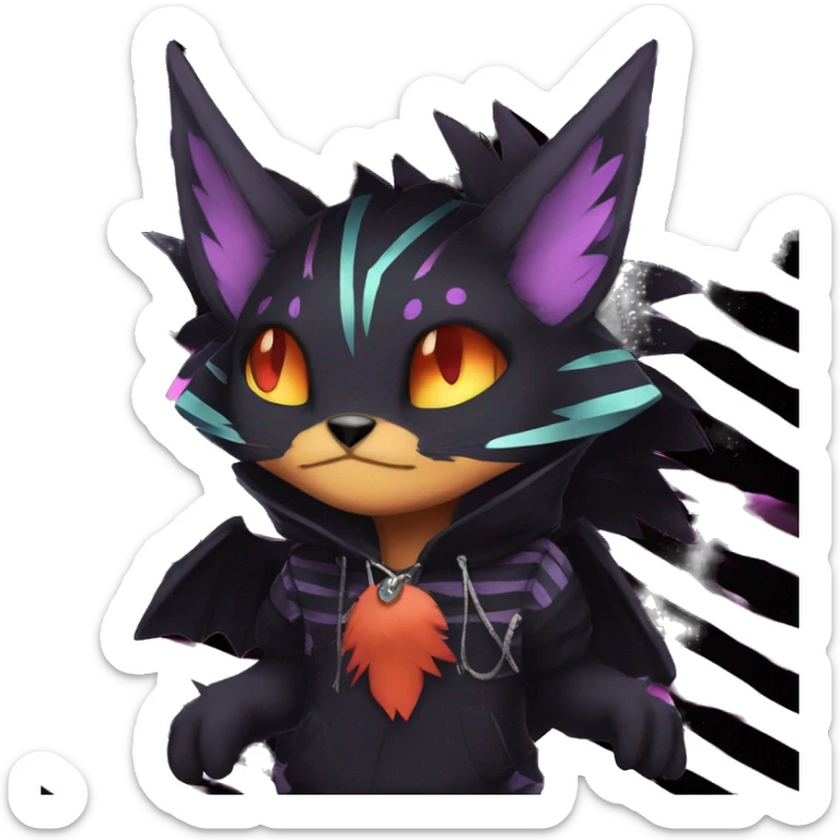 Cool Anthro Black Noibat-Quilava-Litten-Pokémon with edgy stripes hoodie spiked collar punk Full Body sticker