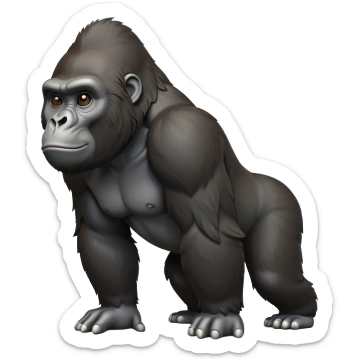 cinematic-gorilla-realistic-full-body-on all fours-emoji,-exuding-strength,-thick-dark-fur-in-the-light,-head-tilted-dramatically,-deep-dark-eyes-filled-with-intense-intelligence,-simplified-yet-realistic-focused-features,-highly-detailed,-glowing-with-an-almost-sarcastic-glow sticker