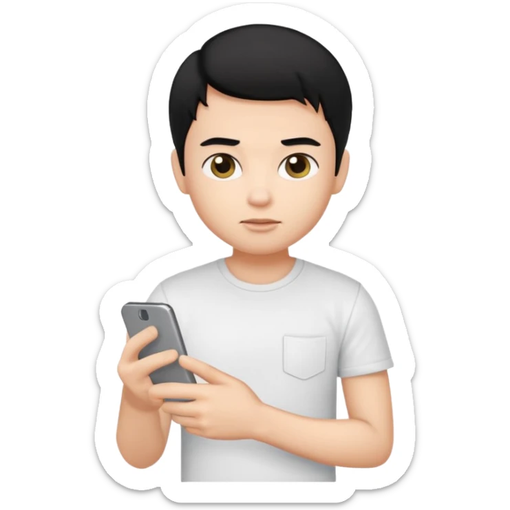 generate a pretty bratz emoji of a boy with black hair wearing a white tshirt and holding a cT sticker