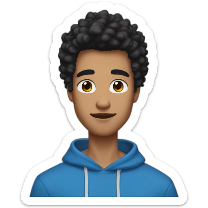 Tan skin with black fluffy tiktok hair and thick eyebrows young adult male wearing a blue hoodie and define jawline and thin nose sticker