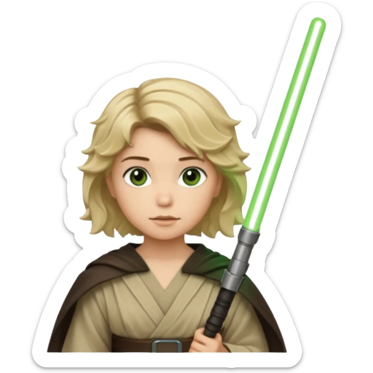 Young jedi with sandy blonde wavy short hair holding a green light saber, he has dark brown eyes sticker