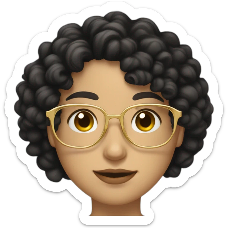 Caucasian woman, long black curly hair, golden glasses with tiny frames, just face sticker