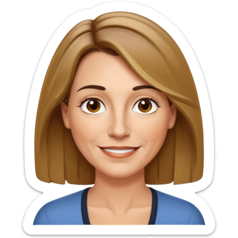 50 year old Caucasian woman with shoulder length brown hair and blond highlights and no bangs. Brown eyes with thin, black eyebrows. Medium size nose with a couple of freckles. Thin lips and slender shoulders. sticker