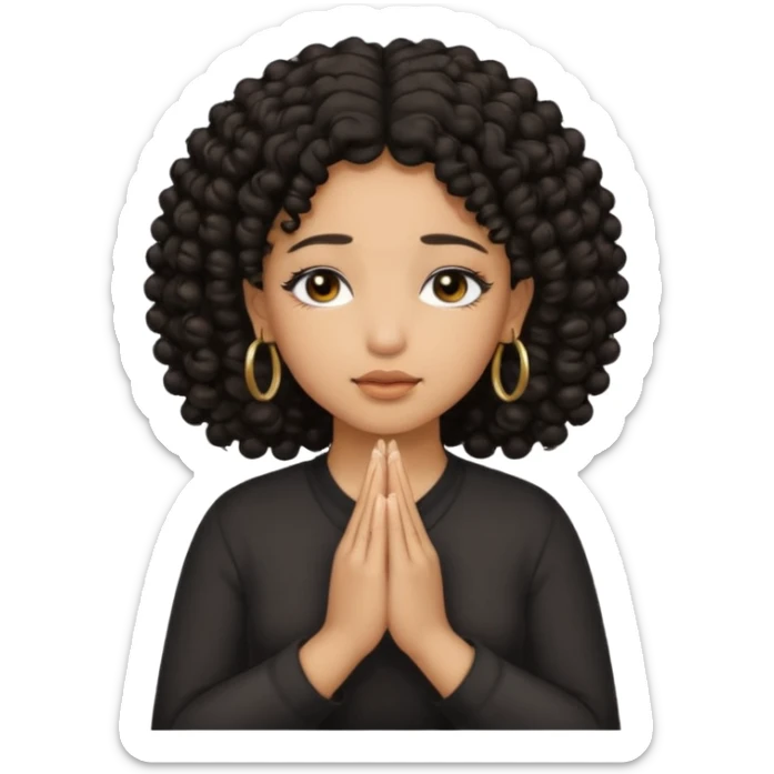 brown girl praying black curly hair and black eyes closed with gold hoop earrings sticker
