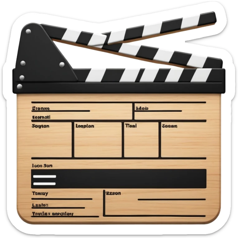 Movie clapperboard with black and white stripes at the top, iOS emoji style, clean minimal design sticker