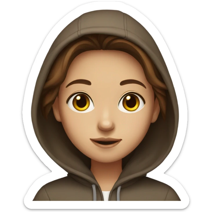 A girl with brown hair and brown eyes with a hoodie sticker
