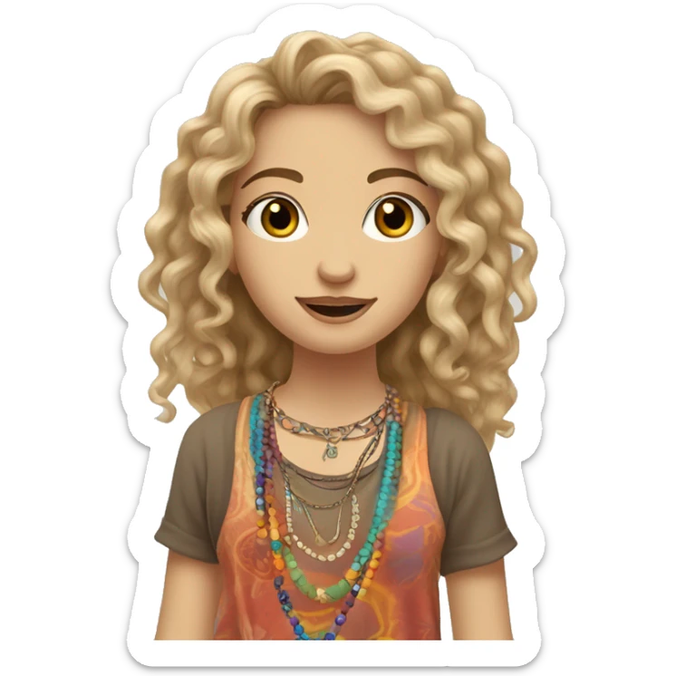 Caucasian hippie girl with curly dirty blonde hair, hazel eyes, baggy colorful pants and a tank top, lots of bohemian bracelets and jewelry sticker