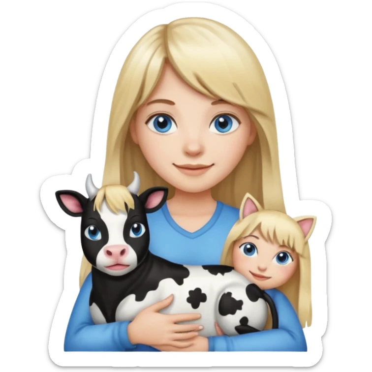 Apple-style emoji sticker of a young woman with long blond hair and straight bangs, blue eyes , holding a black-and-white cow-pattern cat on her chest, both smiling.  sticker