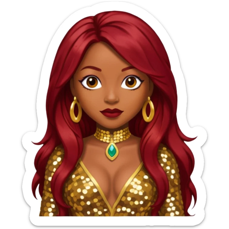 LaTavia Robeson with long dark red hair, gold sequin outfit sticker