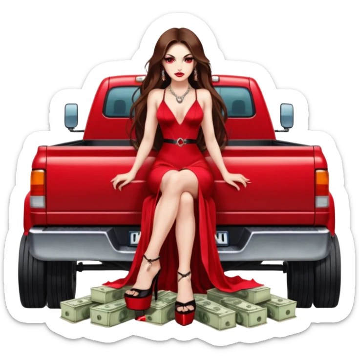 Lilith symbol red eye seductress evil long brown haired sexy succubus woman. Wearing Chanel  long dress with slit, sitting on top of a  giant lifted F350 pickup truck. Black Platform heels on feet. Back of truck full of stacks of cash, sitting behind her is  ahold stacks sticker